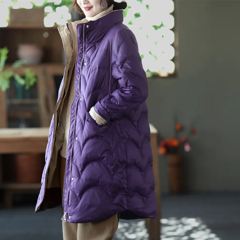 Mid-length Stand-up Collar Button Down Jacket 2021 Autumn and Winter Warm White Duck Down Jacket Women Clothes