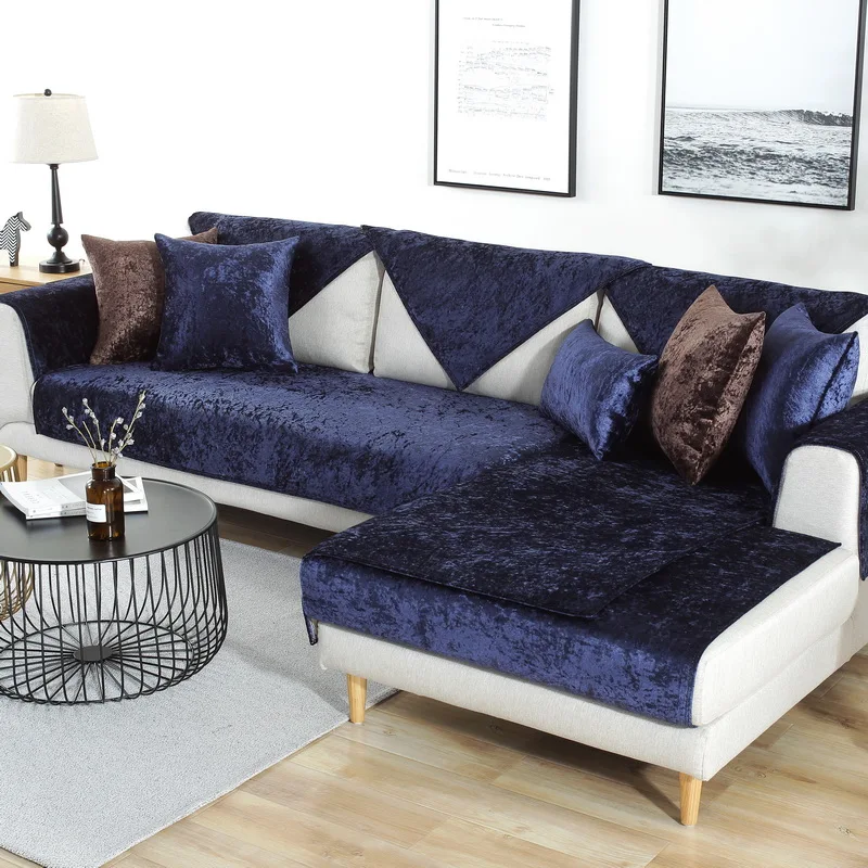 1 шт., однотонное плюшевое тканевое покрывало для дивана, мягкое шерпа, нескользящее покрытие, бархатное сиденье, чехол для дивана, полотенце для декора гостиной - Цвет: Navy blue