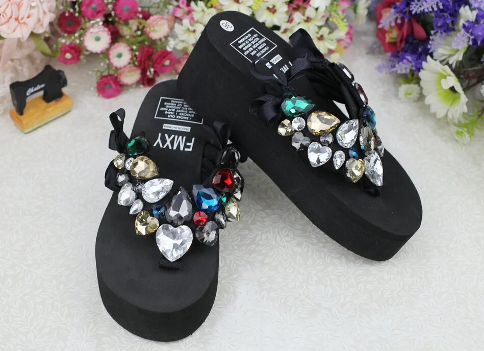 2019 Summer New Luxury Crystal Slippers Bow Womens Cheap Black Platform High Heels Comfortable Flip Flops Shoes Discount52