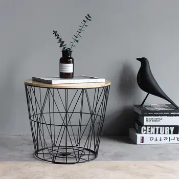 

Nordic Ins Wind Iron Side Table Small Coffee Table Solid Wood Small Round Table Bedside Table Corner Table Storage Basket Basket
