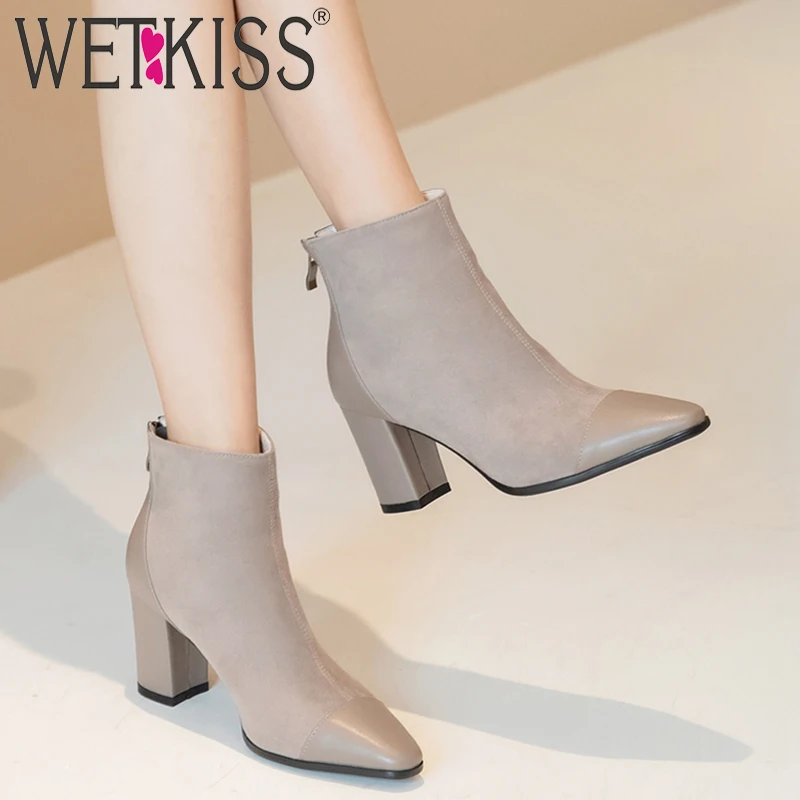 

WETKISS High Heels Thick Boots Women Stitching Flock Ankle Booties Female Zip Shoes Ladies Square Toe Shoes Winter 2020 New