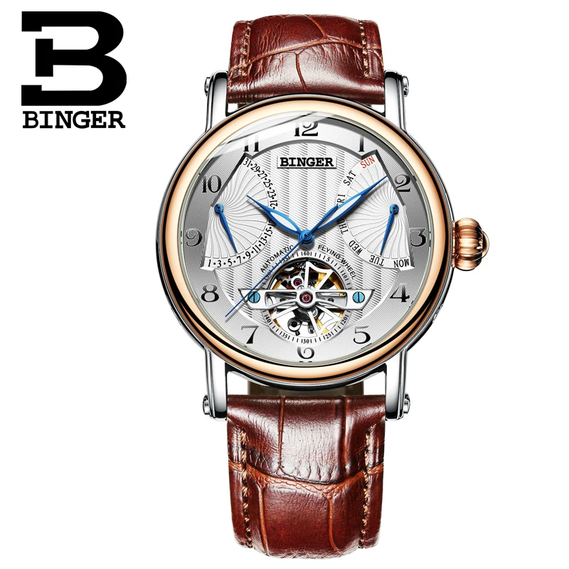 Модные Tourbillon часы от ведущего бренда, швейцарские BINGER, Мужские автоматические часы, мужские часы с кожаным ремешком и календарем, водонепроницаемые механические часы - Цвет: Коричневый