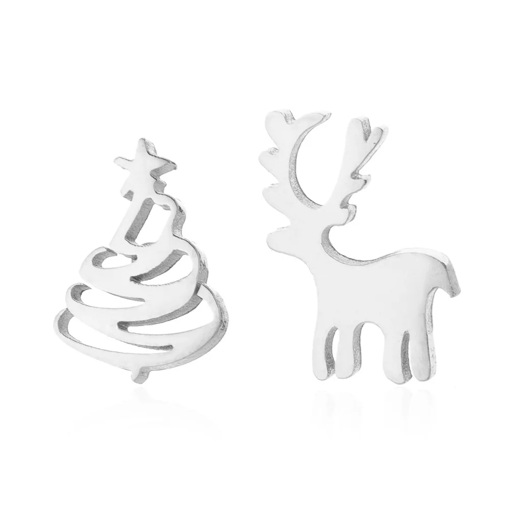 Милый маленький олень Рождественская елка серьги гвоздики для женщин девочек серебристого цвета асимметричные серьги в виде животных темперамент ювелирные изделия