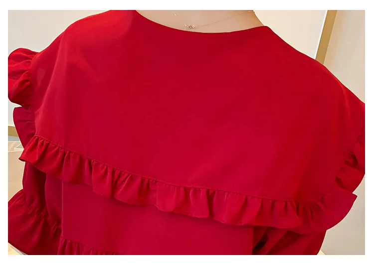 Vestido de Maternidade Novo Verão Coreano Tamanho Grande Cor Sólida Lotus Leaf Collar Lapela Chiffon 24 Mamãe e Bebê