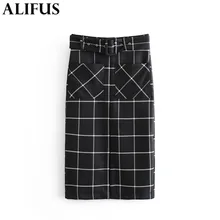 Модные женские юбки Za, винтажная черная клетчатая юбка-карандаш с поясом, высокая талия, до середины икры, уличная одежда для женщин и девушек