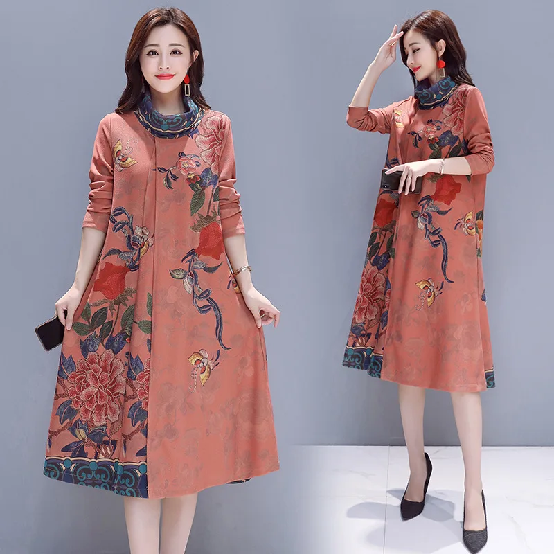 

2018 New Style Women's Ethnic-Style Long Sleeve Retro Dress Elegant Large Size Dress Autumn And Winter Base Skirt Loose-Fit Slim