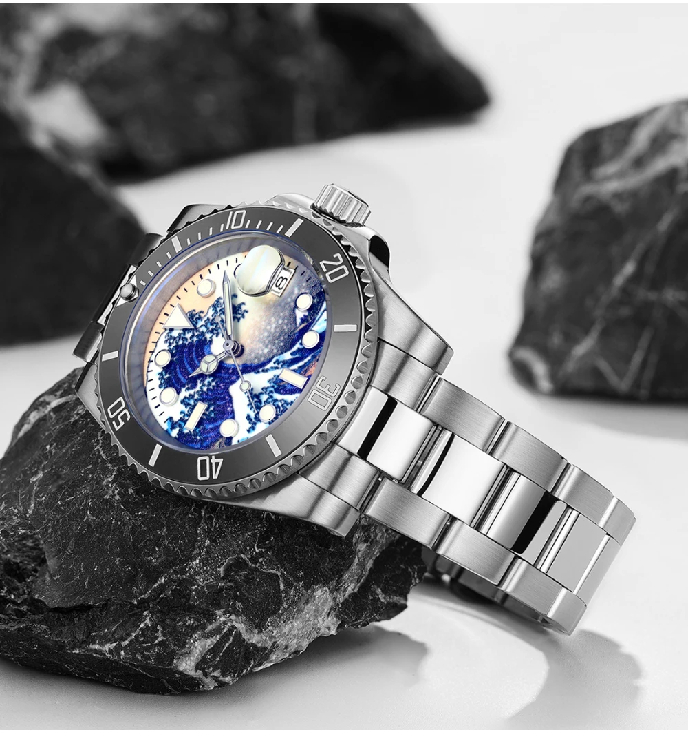 Tandorio Kanagawa Dial 40mm Mechanical Automatic Men's Watch NH35 Movement Luminous Dial Bezel Mid-polished Bracelet Screw Crown