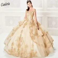 Роскошная золотая многослойная юбка, бальное платье, бальные платья с открытыми плечами, аппликации из бисера, милое 16 платье, Vestidos de 15 anos