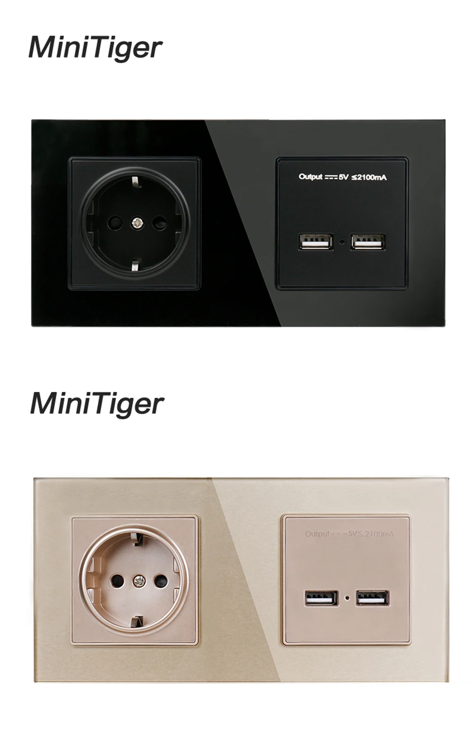 Minitiger настенное Хрустальное стекло панель 2 банды розетка заземленная 16А ЕС электрическая розетка с двойным с usb-портом и зарядкой порт 5 В 2A