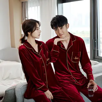 

Couple Burgundy Lounge Pyjamas Sexy Turn-Down Collar Pajamas Set 2PCS Sleep Suit Print Letter Velour Sleepwear Autumn Nightwear