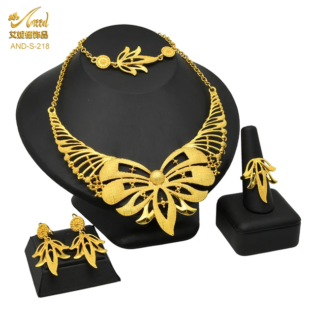 Indian Jewelry Set Wedding 24k Gold Color African Jewelry Dubai Bridal Sets Nigerian Necklace Bracelet Earring Gold Jewellery S-218-Gold
