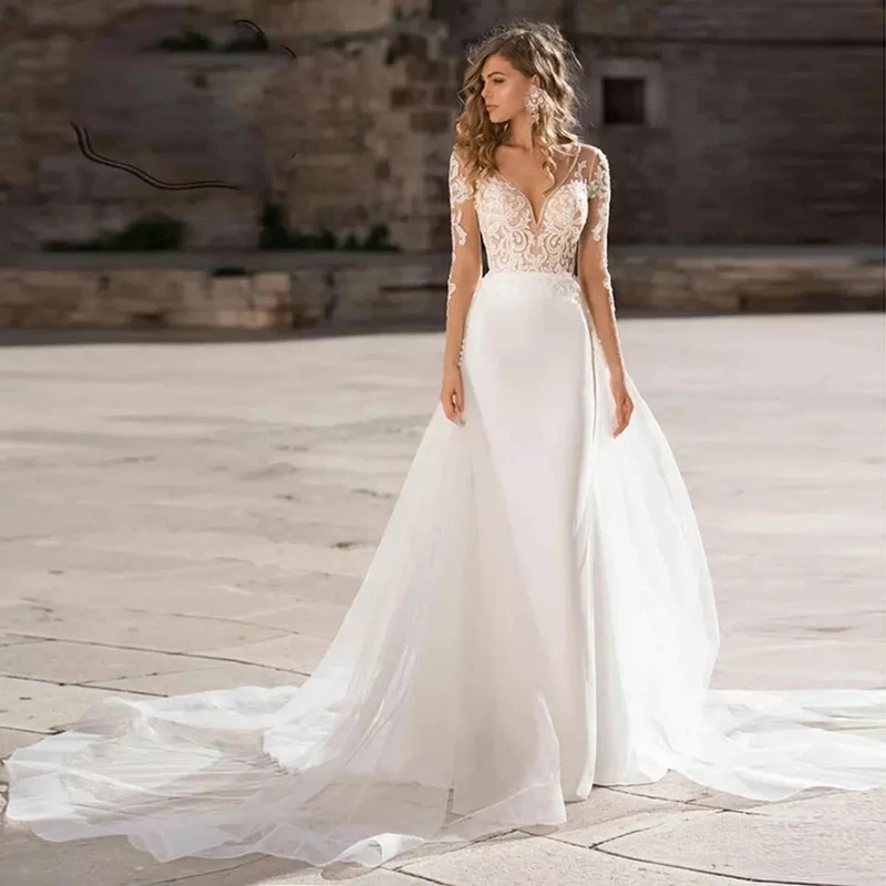 Lace Long Sleeve Mermaid Wedding Dresses With Detachable Train 2021 V-Neck Bridal Gown Open Back Satin And Tulle Custom Made | Свадьбы и