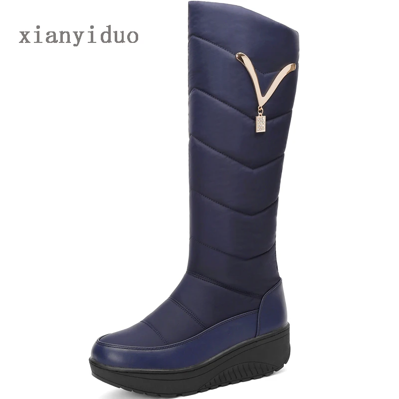 Xianyiduo/ г. Зимняя женская обувь для взрослых зимние сапоги на платформе короткие плюшевые красные, белые, Кристальные сапоги до колена, большие размеры 40-44, темно-синий
