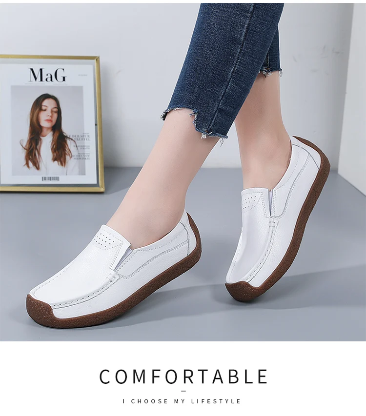 TCEFREK Spring Autumn Shoes Woman Genuine Leather Women's Loafers Slip On Ladies Shoe Square Toe Moccasins Flats Female Sneakers