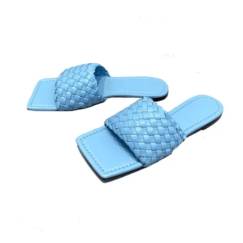 

Woman Shoes Outdoor Sandals Soft Leather Woven Slippers Summer 2020 Flat Heels Beach Casual Slides Shoes Woman Flip Flops Muter