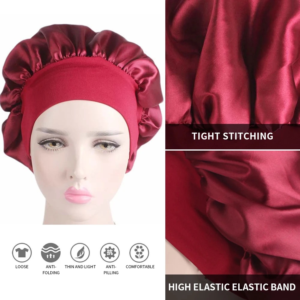 58cm Adjust Women s Satin Solid Wide brimmed Sleeping Hat Night Sleep Cap Hair Care Bonnet 5
