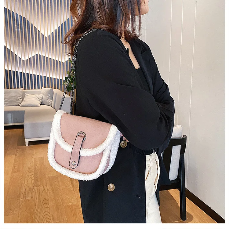 

2019 Winter New Style Shoulder WOMEN'S Bag INS Lambs Wool Shoulder Bag Korean-style Versitile Fashion Saddle Bag WOMEN'S Bag Fas