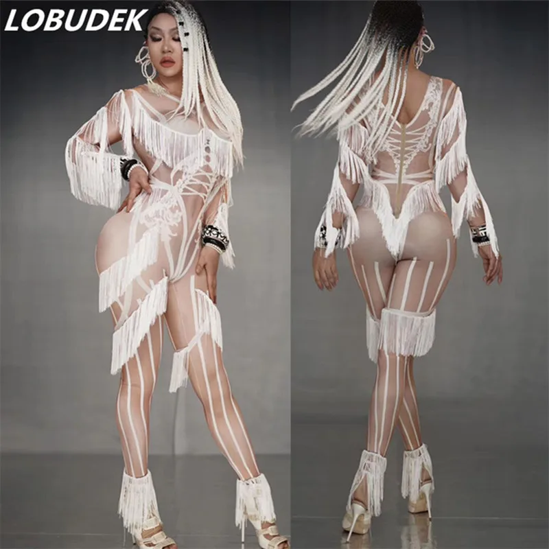 

Big Stretch Long Sleeve White Tassels Jumpsuit Leotard Tights Fringe Jumpsuits Bar Nightclub Party Cosplay Costume DJ Stage Wear
