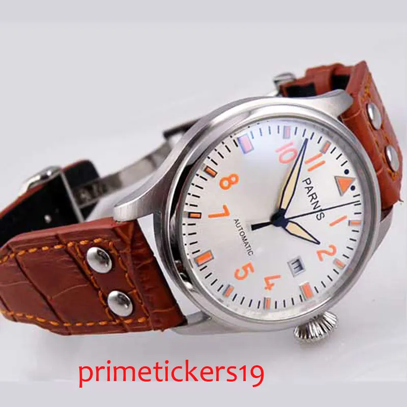 

47mm parnis white dial stainless steel case date window automatic mechanical mens wristwatch
