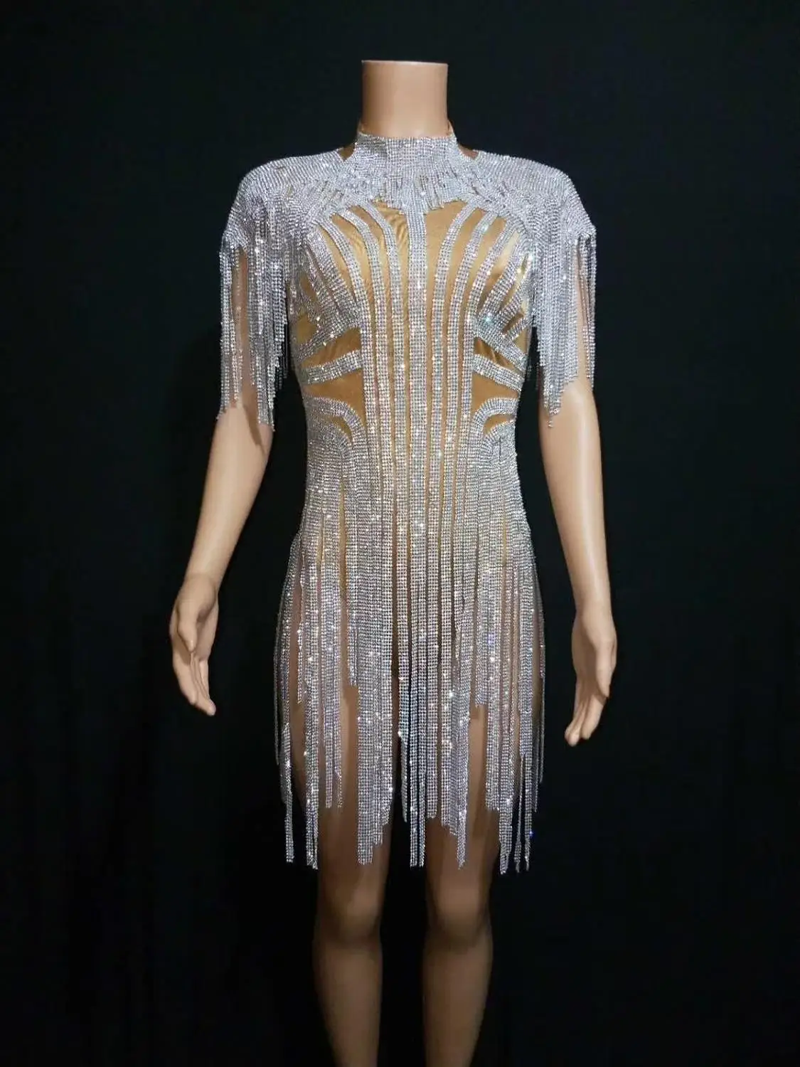 

High Quality Bling Silver Rhinestones Fringes Bodysuit Birthday Celebrate Costume Female Singer Bling Tassel Leotard Stage Dance