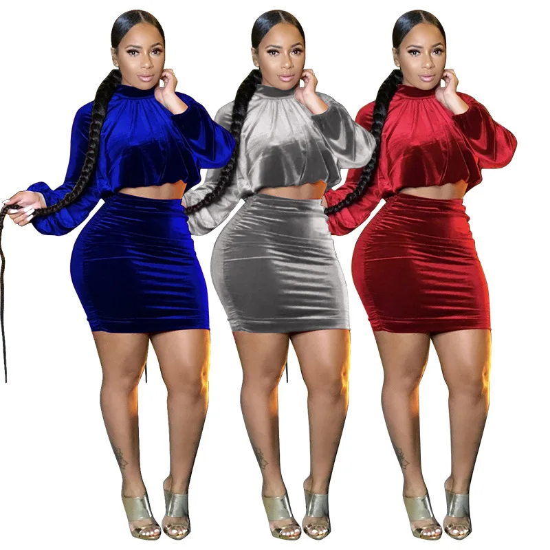 

Casual Women Velvet Skirt Set Sweater + Mini Dress Tracksuit Jogging Femme Sportsuit Full Sleeve Winter Clothes Women Outfit