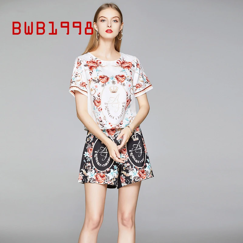 

BWB1998 2 Piece Set Women Summer Dress with printing Short Sleeve High Waist Shorts New Casual Fashion Two-piece Suit