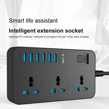 

2 M Black White Black Power Extension Cord Socket With 6 USB Power Strip 3 Outlets Adapter 16A US EU UK For Office Home