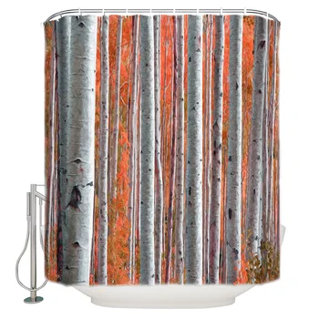 

Oil Painting Style Autumn Leaves Birch Forest Shower Curtain Waterproof Polyester With 12 Hooks