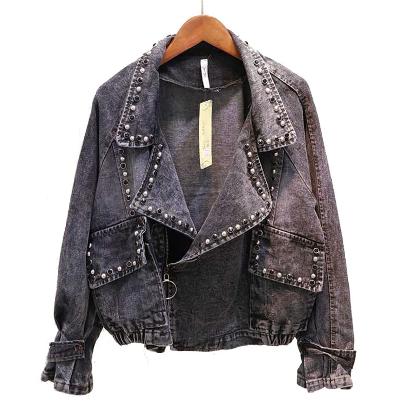 

Yomisma Women Black Denim Jacket Cool Short Jeans Jacket Women With Rivet Long Sleeve Large Size Outerwear Irregular Streetwear