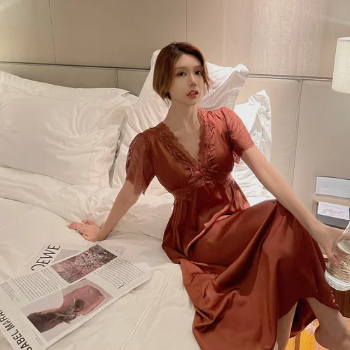 Lisacmvpnel-코트 스타일 레이스 나이트 드레스, 여성용 긴 기장, 탈부착 가능한 가슴 패드가 있는 나이트 웨어, 반팔 잠옷 2