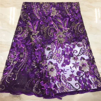 

2020 gold African Lace Fabric purple High Quality Lace Material Nigerian French Sequins Tulle Lace Fabrics For Wedding Dress