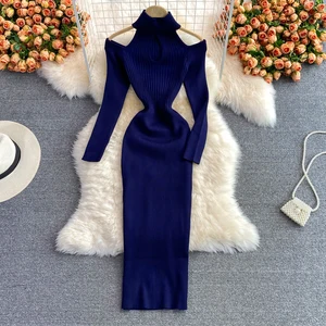 Neophil 2024 Autumn Winter Women Knitted Sheath Dresses Halter Collar Off Shoulder Long Sleeve Screw Pull Sweater Dress D211118