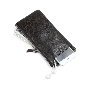 

Ultra Thin Genuine Leather Zipper Phone Pouch Solid Men's Long Wallet Clutch Credit Card Holder Money Bag Purse For Man