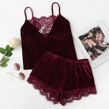 

Women Sexy Velvet Lingerie Sleepwear Spaghetti Strap Cami Top Wide Leg Shorts Eyelash Floral Lace Splice Solid Color Pajamas Set