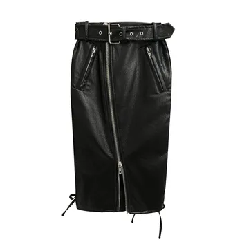 

New Autumn And Winter Fashion Casual Mid-length PU Leather Sashes Zipper A- Line Dress High Waist Short Skirt Women C311