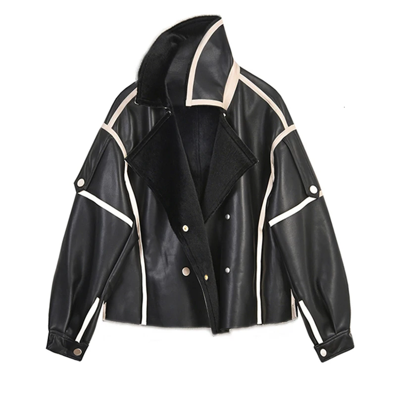 [] Свободная черная короткая куртка большого размера из искусственной кожи, новинка, Женское пальто с отворотом и длинным рукавом, модное осенне-зимнее пальто 1078 - Цвет: black
