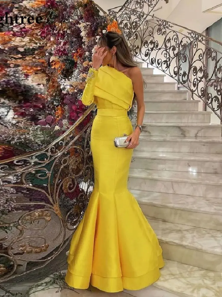 black formal gown Eightree Yellow Mermaid Long Evening Party Dresses One Sleeves Shoulder Strapless Appliques Prom Gowns Formal Night Prom Dress ball gown for women Evening Dresses