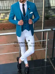 Пиджак и брюки синий Официальный мужской костюм свадебные смокинги Женихи для невесты Мужская праздничная одежда блейзеры комплекты