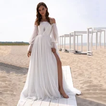 

2020 Beach Wedding Dress Detachable Long Sleeves Strapless Ruched Pleat High Slit Wedding Gowns A Line Bridal Dresses