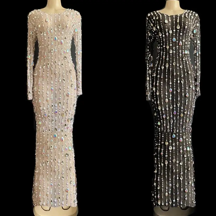 2 цвета, сетчатые блестящие AB Стразы, жемчуг, длинное платье, просвечивающее, на день рождения, на праздник, платье для женщин, певицы, шоу, платья YOUDU