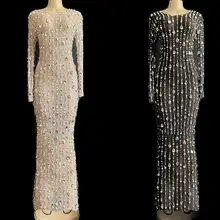 2 цвета, сетчатые блестящие AB Стразы, жемчуг, длинное платье, просвечивающее, на день рождения, на праздник, платье для женщин, певицы, шоу, платья YOUDU