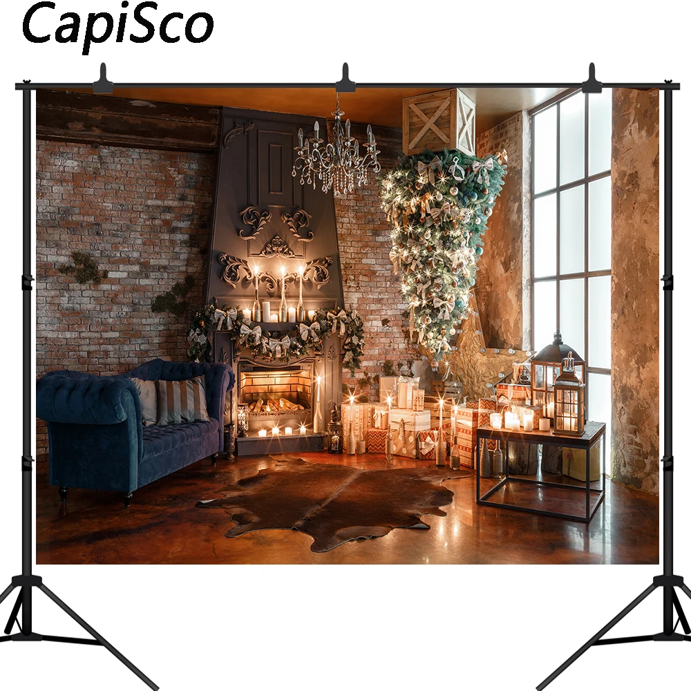 

Capisco Photography Backdrops Christmas Backdrop Trees Gifts Fireplace brick wall Decorations Studio Photo Prop Backgrounds