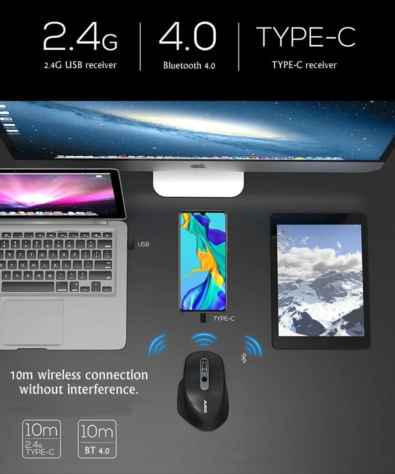 Все новые Ajazz i660t многомодовая перезаряжаемая Bluetooth 4,0 Беспроводная/2,4G оптическая мышь для Mac, ноутбука Настольный тип-c порт