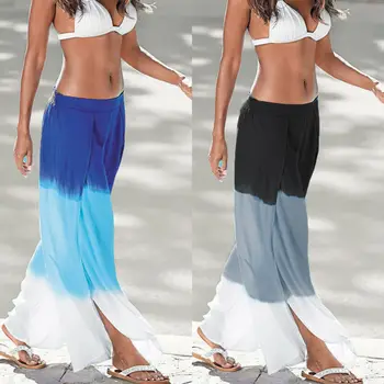 

2019 Fashion Women Summer High Waist Flared Wide Leg Long Casual Loose Elastic Patchwork Pants Beach