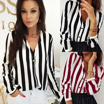 

Fashion Women Striped Chiffon Blouse Shirts Long Sleeve V-neck Tops Ladies Summer OL Plain Casual Loose Button Blouses Shirt