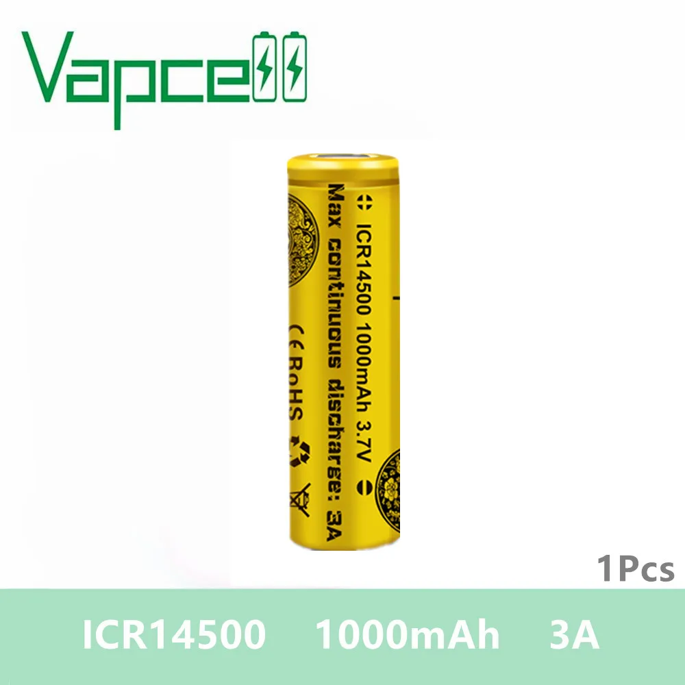 Бесплатная доставка 1 шт. батарея Vapcell ICR 14500 1000 мАч 3 А миниатюрная литиевая 7 в для