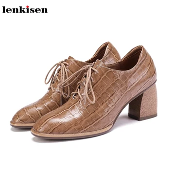 

Lenkisen new fashion print genuine leather mature gorgeous deep mouth pupms round toe high heels lace up autumn women shoes L2f5