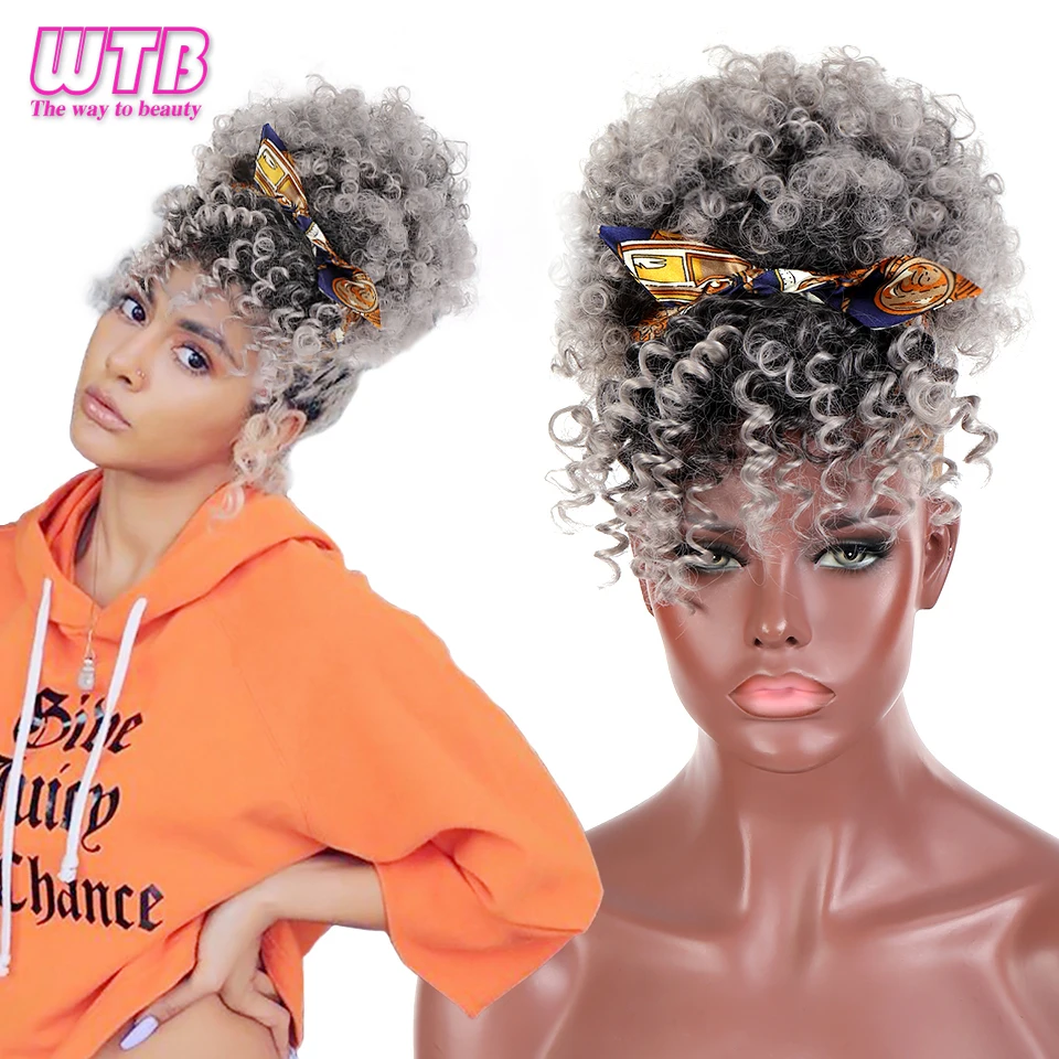 

WTB Black Blonde Ombre Short Fluffy Kinky Curly Ponytail with Bangs Synthetic Hair Extensions Afro African Hairpieces for Women