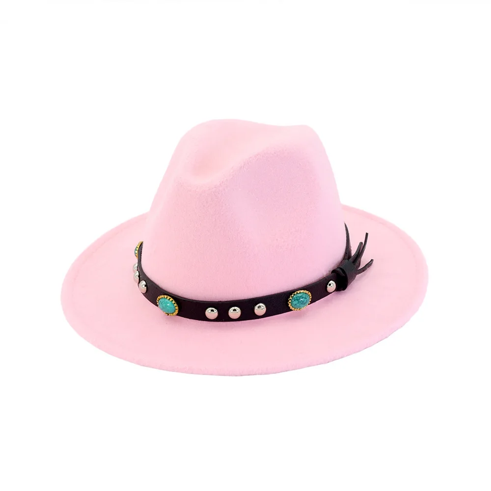 Осенняя и зимняя одноцветная шляпа с полями из бисера, шляпа для путешествий, шляпа-федора, джаз, Панама, шляпы для женщин и девушек 55 - Цвет: Розовый