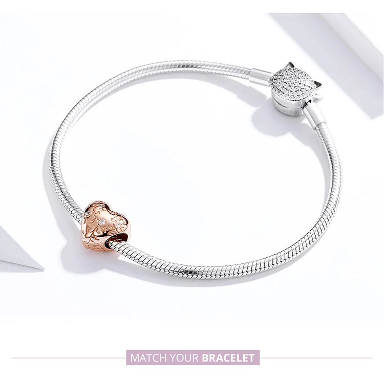 WOSTU 925 Sterling Silver Flower Retro Patterns Heart Beads Rose Gold Charm Fit Original Bracelet Pendant DIY Jewelry BKC1323-C